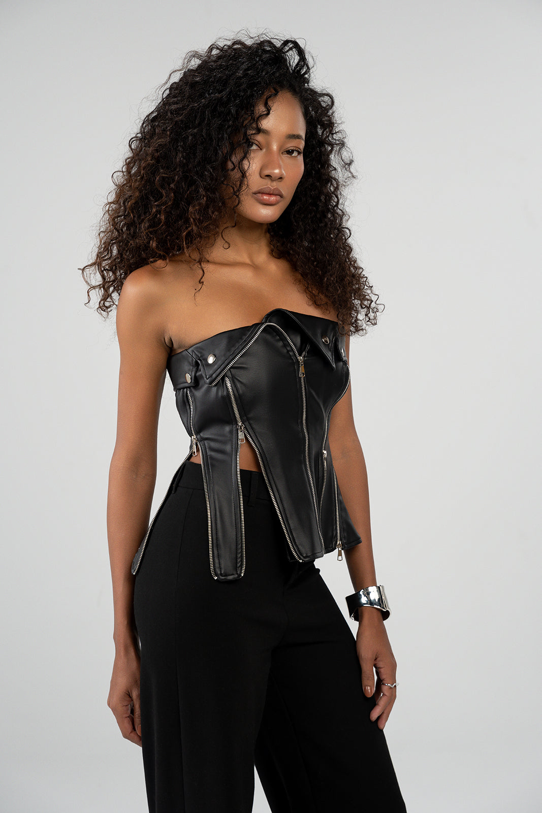 Biker Zipped Imitation Leather Corset Top