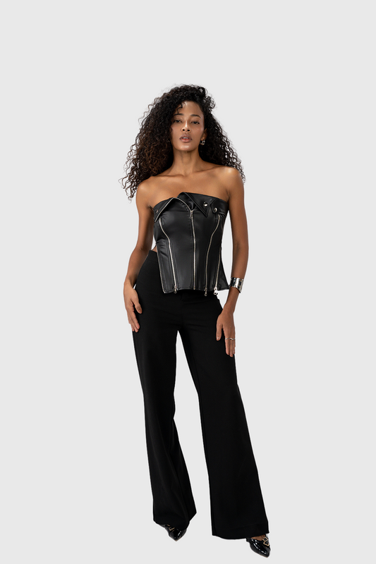 Biker Zipped Imitation Leather Corset Top